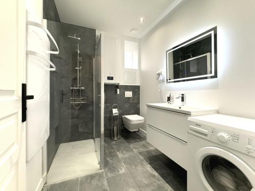 une salle de bain avec une douche, des toilettes et un lavabo dans l'établissement Le Charmant Grenoble, à Grenoble