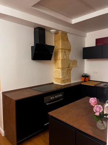a kitchen with black appliances and a counter top at Le Jardin Secret - Balnéo & SPA in Montpellier