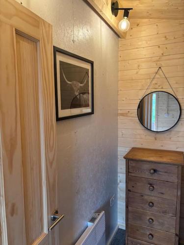 a bathroom with a mirror and a dresser in a room at Estuary View Cabin in Penclawdd