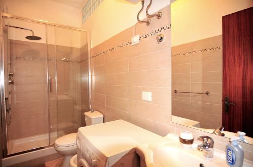a bathroom with a shower and a sink and a toilet at St. Lucia Suites & Apartments in Syracuse