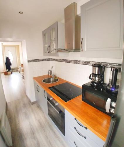 une cuisine avec un évier et une cuisinière four supérieur dans l'établissement Grande maison de ville, 2 chambres, à Orléans