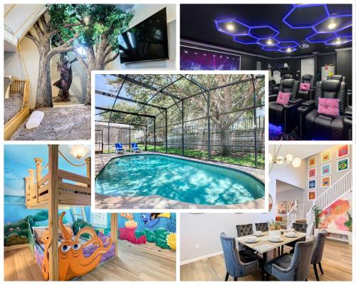a collage of pictures of a swimming pool at WH7820BS - 5 bedrooms - Pool - Theater - Resort in Orlando