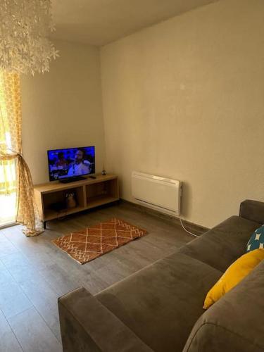un salon avec un canapé et une télévision à écran plat dans l'établissement Joli T2 au coeur de la résidence Europa à Canet, à Canet