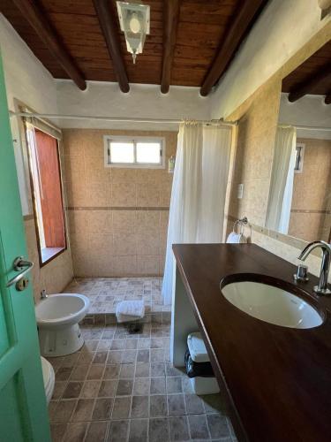 a bathroom with a sink and a tub and a toilet at El Campito Cabaña de montaña in Rodeo