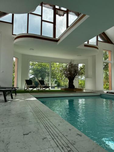 une piscine avec deux chaises et un arbre au milieu dans l'établissement Villa de Luxe vue sur Paris, à Chambourcy