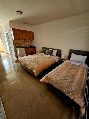 two beds in a hotel room with at Prenociste BONANCA in Veliko Gradište