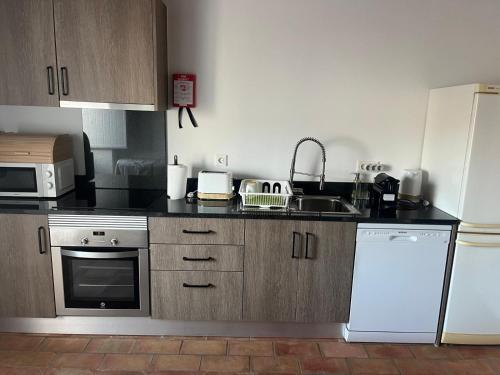 a kitchen with a white refrigerator and a sink at Casa dos Sapos in Mértola