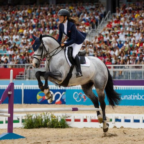 une femme qui fait un cheval sautant sur un obstacle dans l'établissement Oasis de Verdure avec Balcons - Proche Versailles, à Viroflay