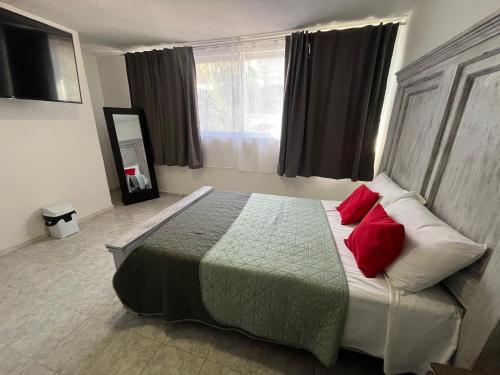 a bedroom with a large bed with red pillows at 7 VENATOR House Boutique in León