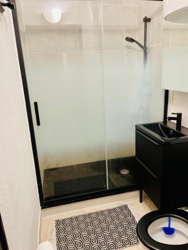 une salle de bain avec une douche en verre et des toilettes dans l'établissement BARCARES PLAGE - Appt refait à neuf, au Barcarès