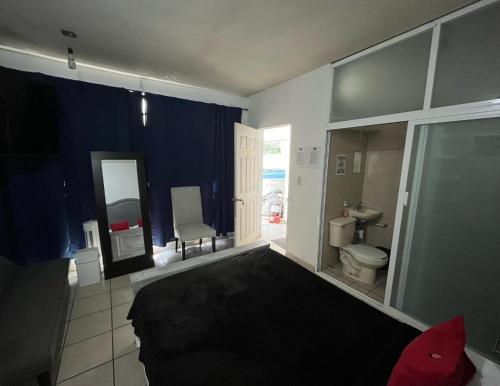a room with a bathroom with a toilet and a mirror at 10 VENATOR House Boutique in León