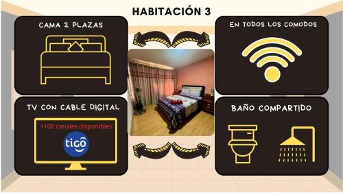 a collage of pictures of a bedroom with a bed and a sign at El Hogar Casa y Habitaciones en el Prado - Cbba con Garaje in Cochabamba