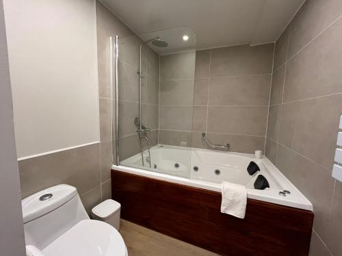 a bathroom with a bath tub and a toilet at La Petite France in San José de Maipo