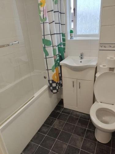 a bathroom with a toilet and a sink and a shower at City Guest House se1 in London