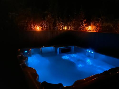 a hot tub with blue lights in a dark room at Appartement en bord de lac avec jaccuzi in Publier