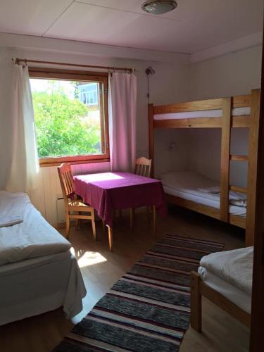 a bedroom with a table and two bunk beds at Antons Gästhem in Kökar
