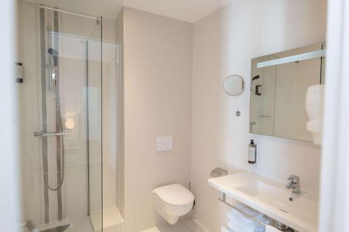 a bathroom with a shower and a toilet and a sink at Best Western Plus Le Roof Vannes Bord de Mer in Vannes