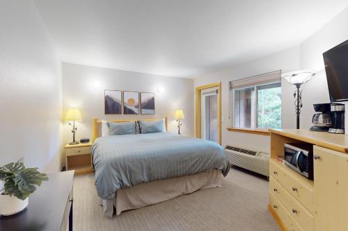 レブンワースにあるAspen Suites 506: The Nestのベッドルーム(ベッド1台、デスク、テレビ付)