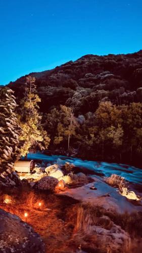 a view of a campsite at night with a mountain at Paradise Ranch Inn- Awake House Hot Tub,Sauna in Three Rivers