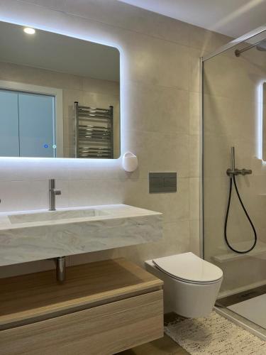 a bathroom with a sink and a toilet and a mirror at Belle vue Sesimbra in Sesimbra