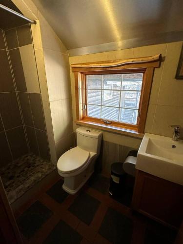 a bathroom with a toilet and a sink and a window at Rustic Beaverfoot Lodge in Parson