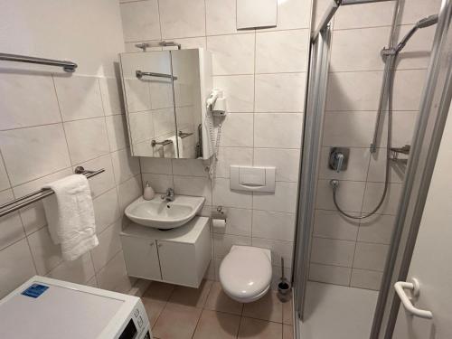 a bathroom with a toilet and a sink and a shower at RANGE Loft-Apartment Balkon Netflix 5 Personen in Fellbach
