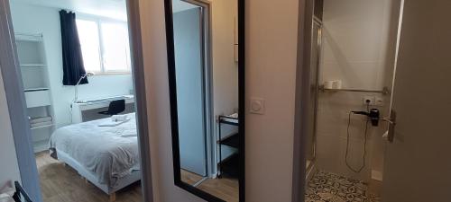 une salle de bains avec un miroir et une chambre avec un lit dans l'établissement Actarus-SILS - T1 28 M2, à Caen
