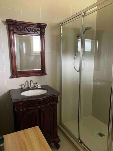 a bathroom with a sink and a glass shower at Prouts lodge in Eden Park
