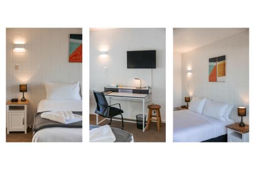 three pictures of a hotel room with two beds and a desk at Roselands Motel in Tauranga