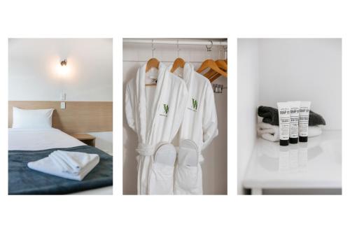 three pictures of a hotel room with white clothes and a bed at Cobblestone Court Motel - Wenzel Motels in Tauranga