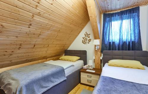 two beds in a room with wooden walls at Beautiful Home In Budrovac With Wi-Fi in Budrovac