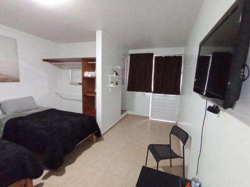 1 dormitorio con 1 cama y TV de pantalla plana en Hospedaje La Gloria, en Texcoco de Mora