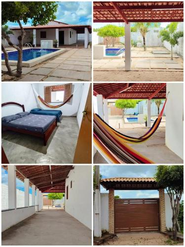 a collage of photos with a bed and a pool at Casa Aconchego in Camocim