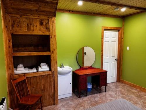 a bathroom with green walls and a sink and a mirror at l'appartement in Tadoussac