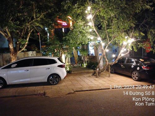 two cars parked on the side of a street at night at Homestay Măng Đen Diamond in Kon Von Kla