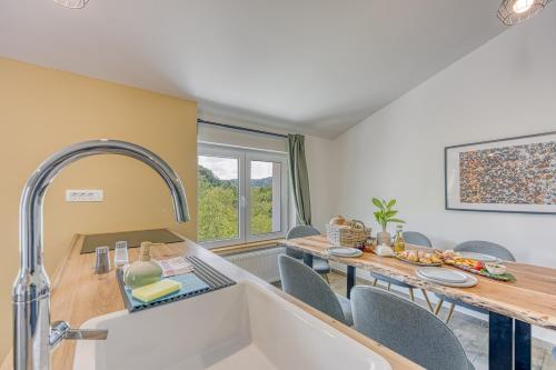 uma cozinha com um lavatório e uma mesa com cadeiras em VILA LISJAK - Apartments em Podcetrtek