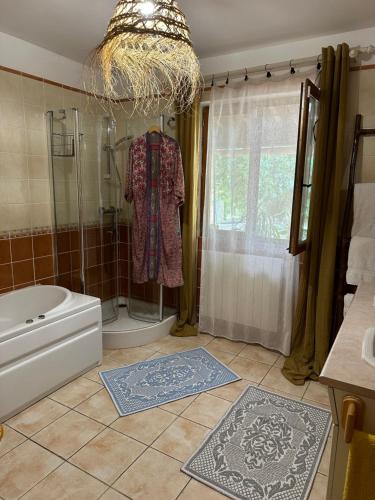 a bathroom with a tub and a shower with a robe at La Maison de Blu in Lorgues