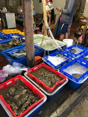 a group of trays of seafood on a table at Homestay nguyên căn Trinh Huỳnh in Lai Sơn