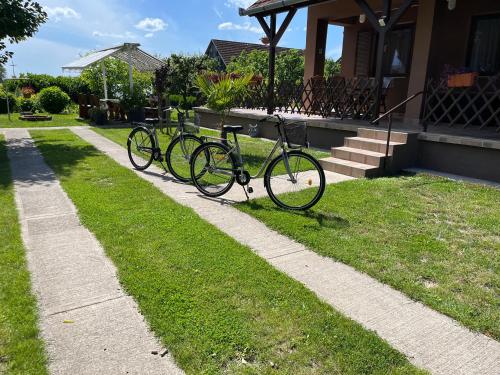 un grupo de bicicletas estacionadas en el césped frente a una casa en Turul -Kuća za odmor- en Korođ