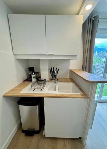 une cuisine avec un évier et un plan de travail dans l'établissement Studio avec jardin proche lac, à Saint-Jorioz