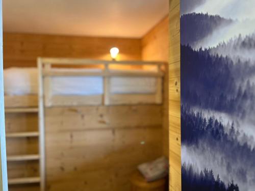 a bedroom with a bunk bed with a painting on the wall at La Barque in Thollon