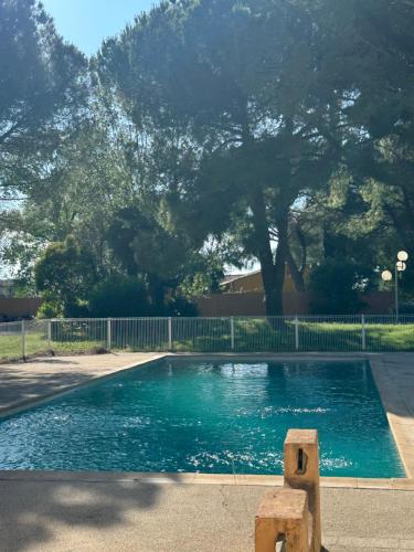 une piscine d'eau bleue et un arbre dans l'établissement Nid douillet avec terrasse au calme, à Arles