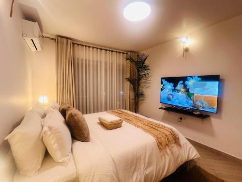 - une chambre avec un grand lit et une télévision à écran plat dans l'établissement The Prime Escape Town House, à Arusha