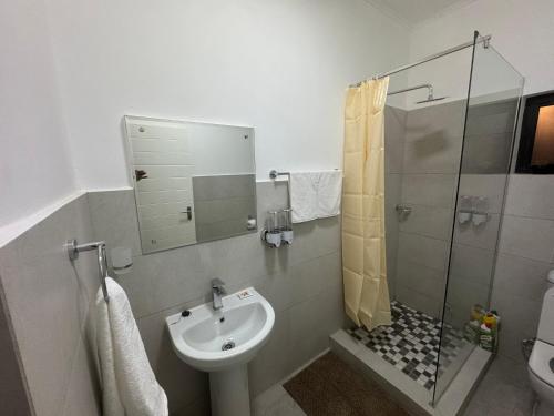 ein Badezimmer mit Waschbecken und Dusche in der Unterkunft Motswedi Place Apartments B2- Managed by Pulafela Prop Pty Ltd in Gaborone