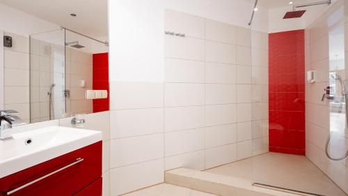 a white bathroom with a shower and a sink and a shower at Aparthotel Delta Boutique in Kościelisko