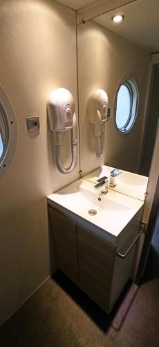 une salle de bain avec un lavabo et un miroir dans l'établissement Camping Larribal, à Millau