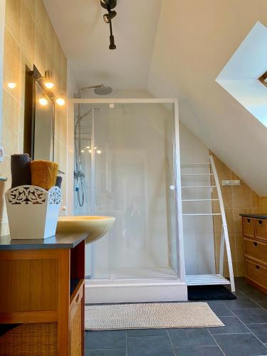 une salle de bain avec douche et lavabo dans l'établissement Chez Lucie et Compagnie pavillon familial avec beau jardin, à Vron