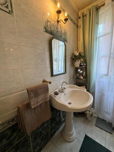 une salle de bain avec un lavabo et un miroir dans l'établissement Plein cœur du village olympique, à Saint-Ouen