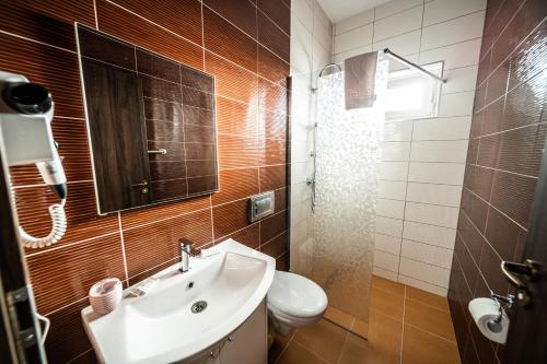a bathroom with a sink and a toilet and a mirror at Pensiune Restaurant Perla in Sîngeorz-Băi