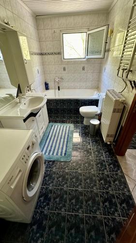 a bathroom with a sink and a toilet and a tub at Stella's House in Eleftheroúpolis